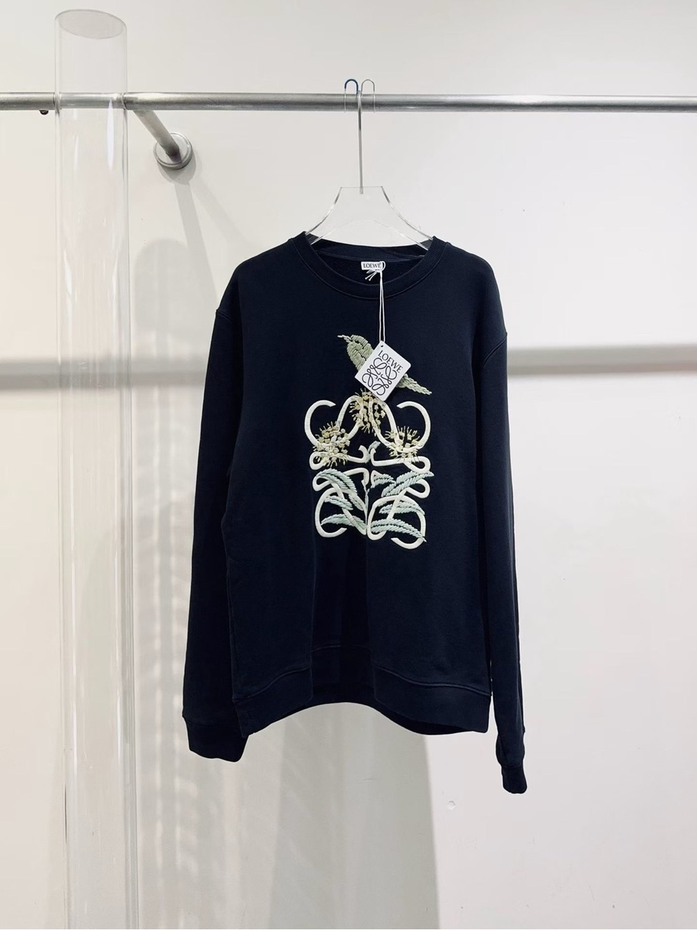 Loewe Black Crewneck Sweatshirt with Cream Embroidered Motif